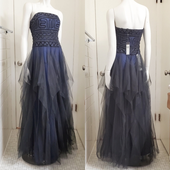 Bcbgmaxazria Strapless Embroidered Lace Navy Tulle Gown Size 4 - Picture 7 of 11